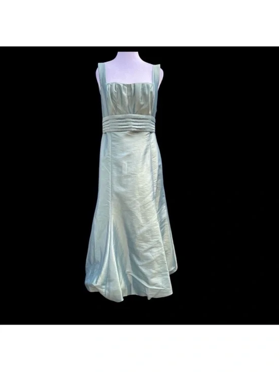 Mint Shimmer Satin Bow Back Midi Dress Vacation Resort Wedding Guest A-Line 12 - Picture 5 of 8